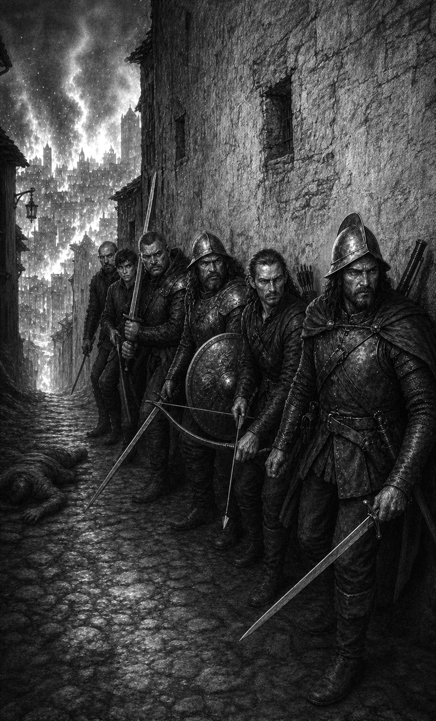Rodrigo y sus hombres avanzan por una calle de Granada en llamas.