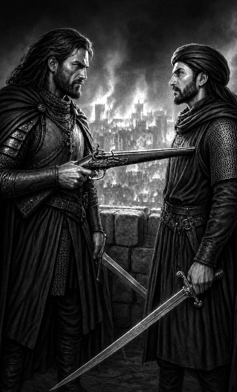 Rodrigo apunta con el pistolete a Yusuf al-Hakim mientras Granada arde al fondo.