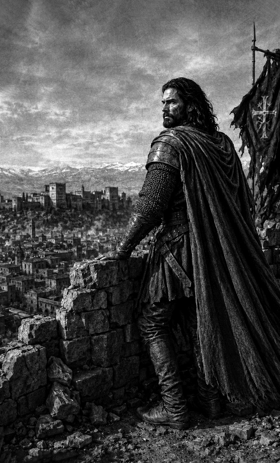 Rodrigo contempla la ciudad desde las ruinas de la muralla.