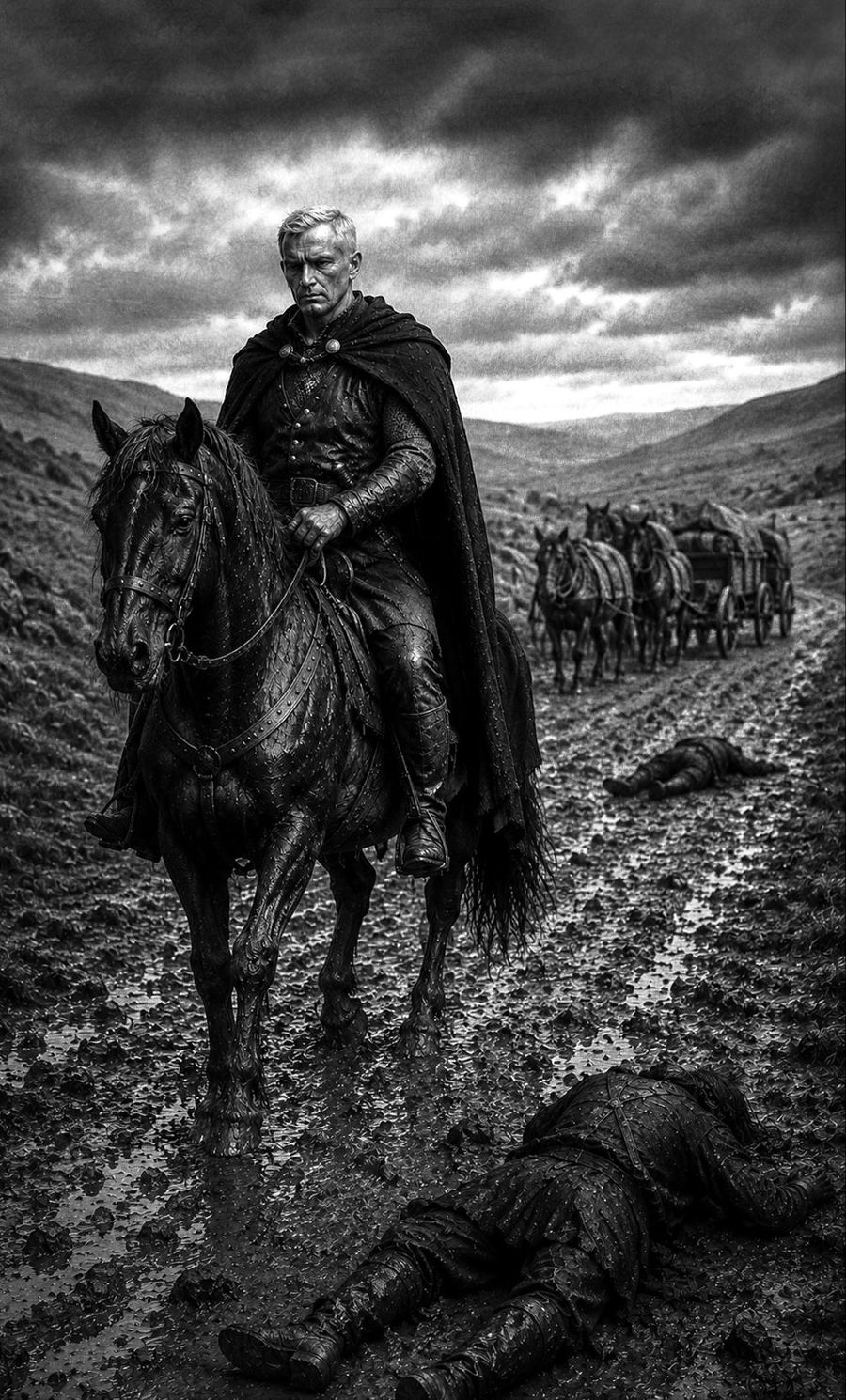 Rodrigo a caballo escoltando los carros por un camino embarrado.